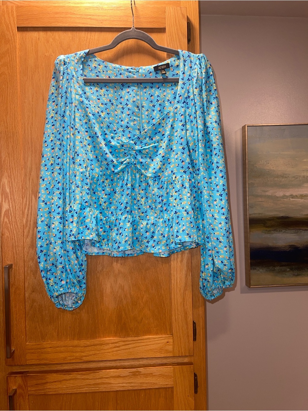 AFRM Light Blue Floral Ruched Peplum‎ Blouse Flowy Boho Feminine
